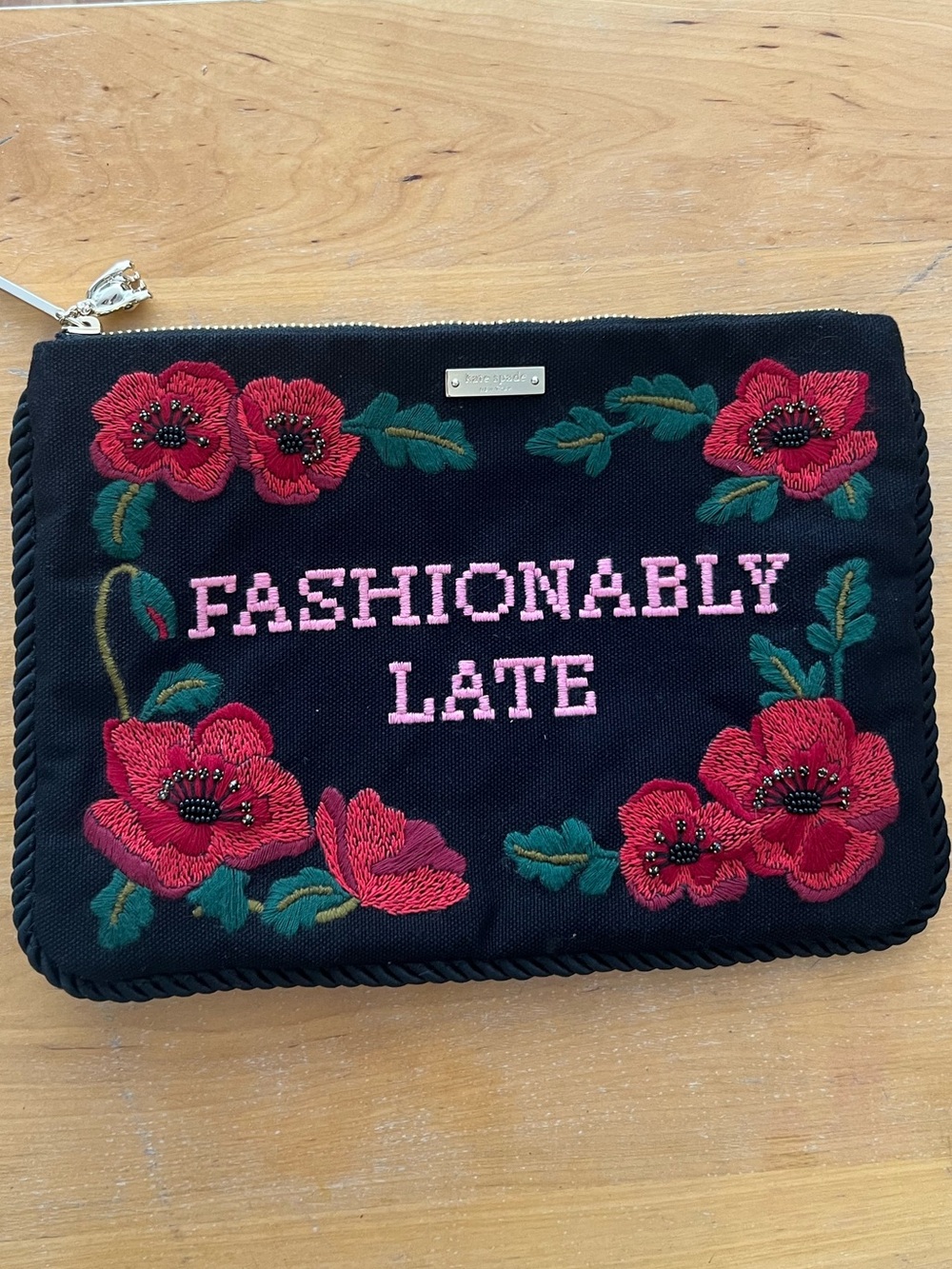 kate spade Black โFashionably Lateโ Pouch with Red Poppy Floral Embroidery